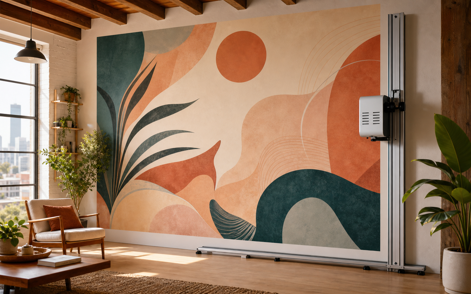 A vertical wall printer creating a warm abstract mural in a bright modern interior